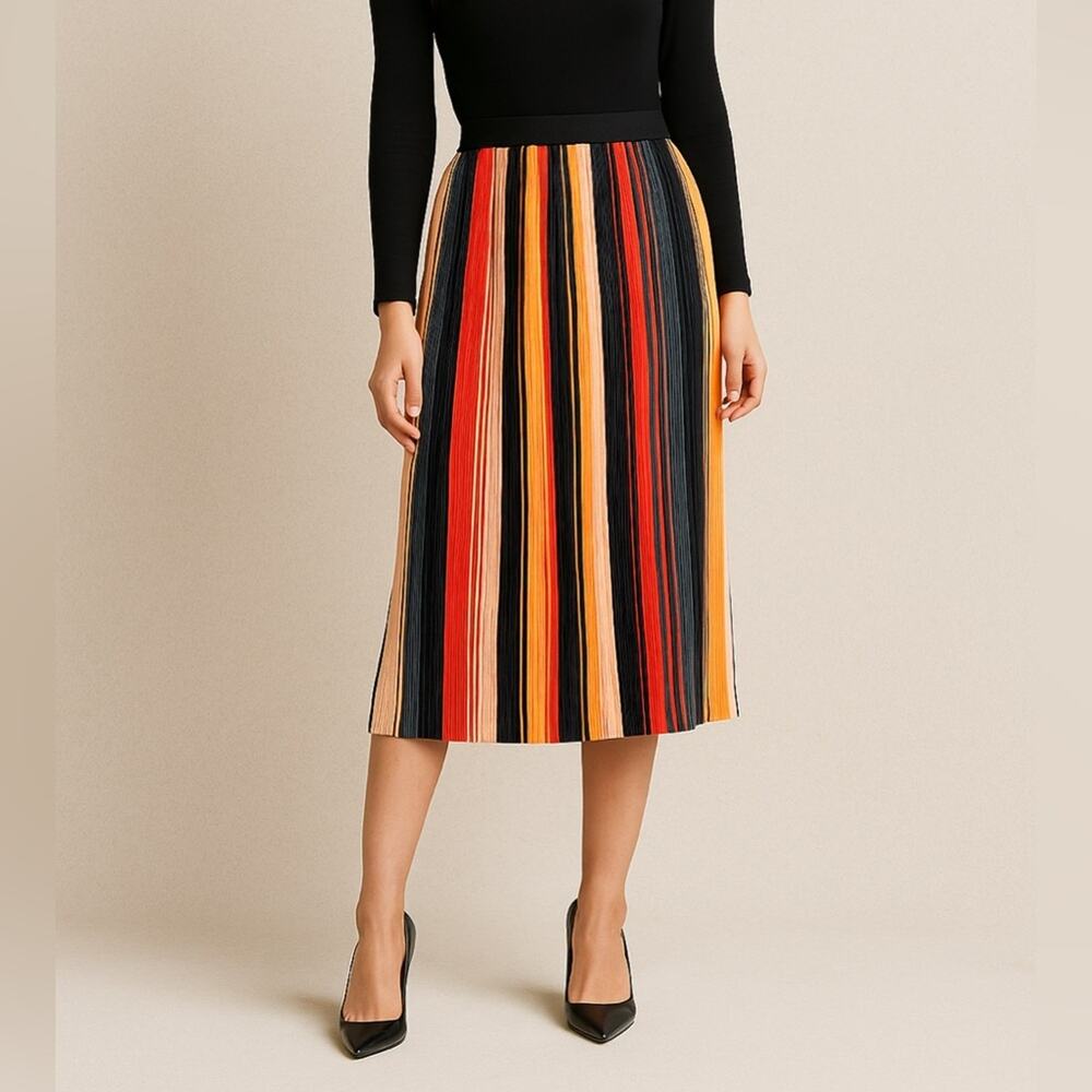 Whispers New York Vibrant Striped Pleated Plisse Midi Skirt